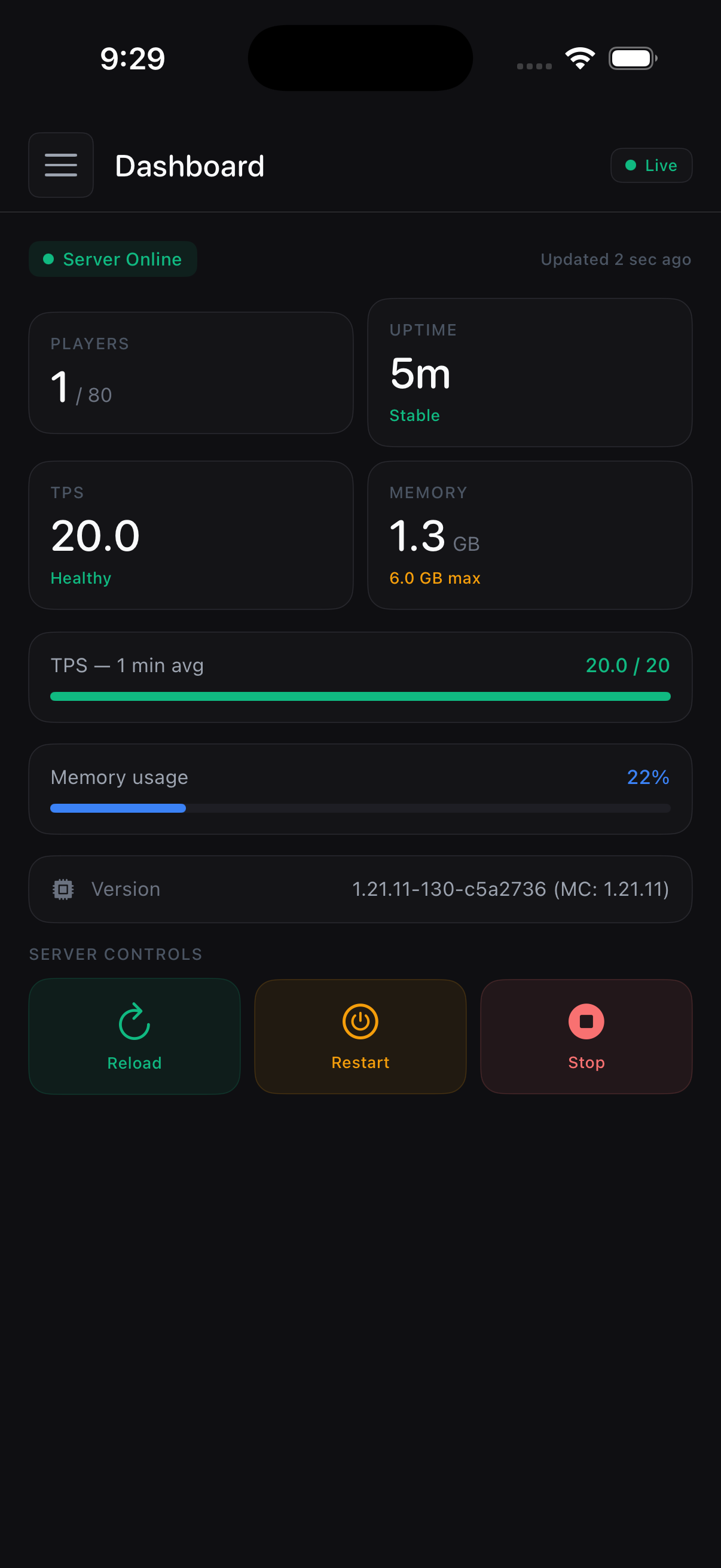 PulsePanel dashboard