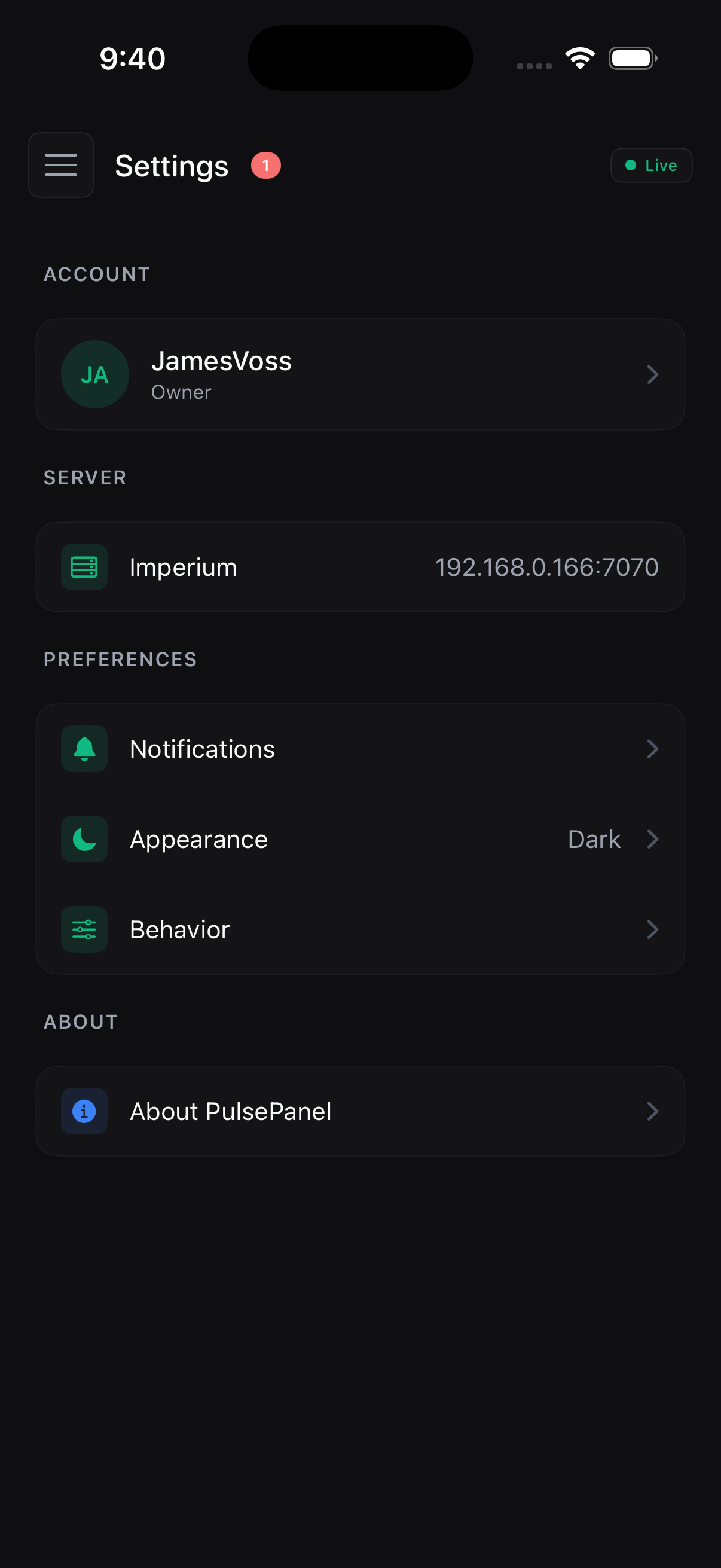 PulsePanel settings